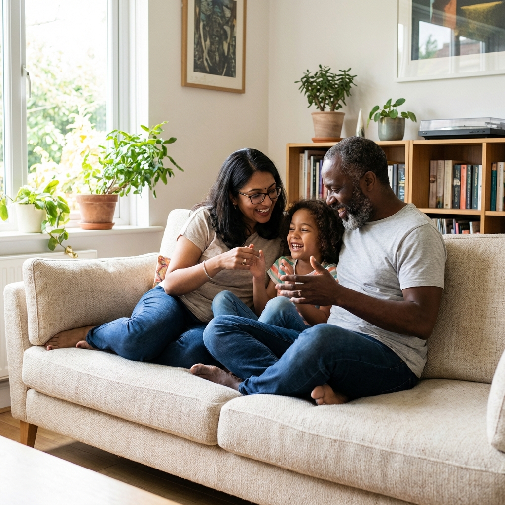Familia feliz conversando